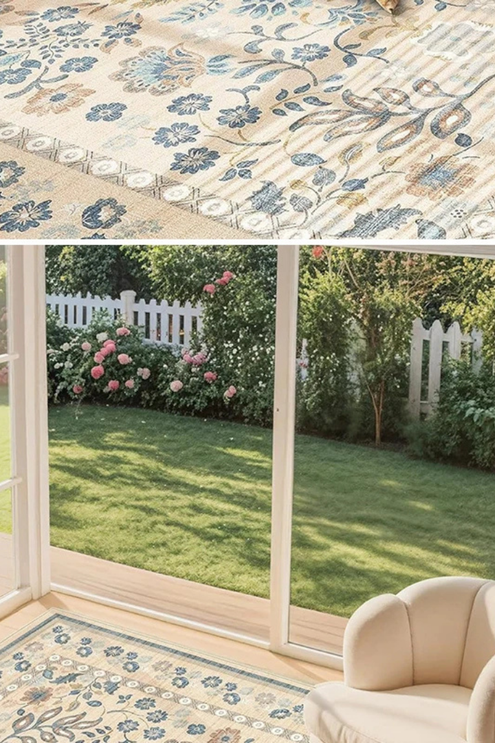 Tapis bohème Crème Rustique placé devant un canapé beige dans un intérieur naturel.