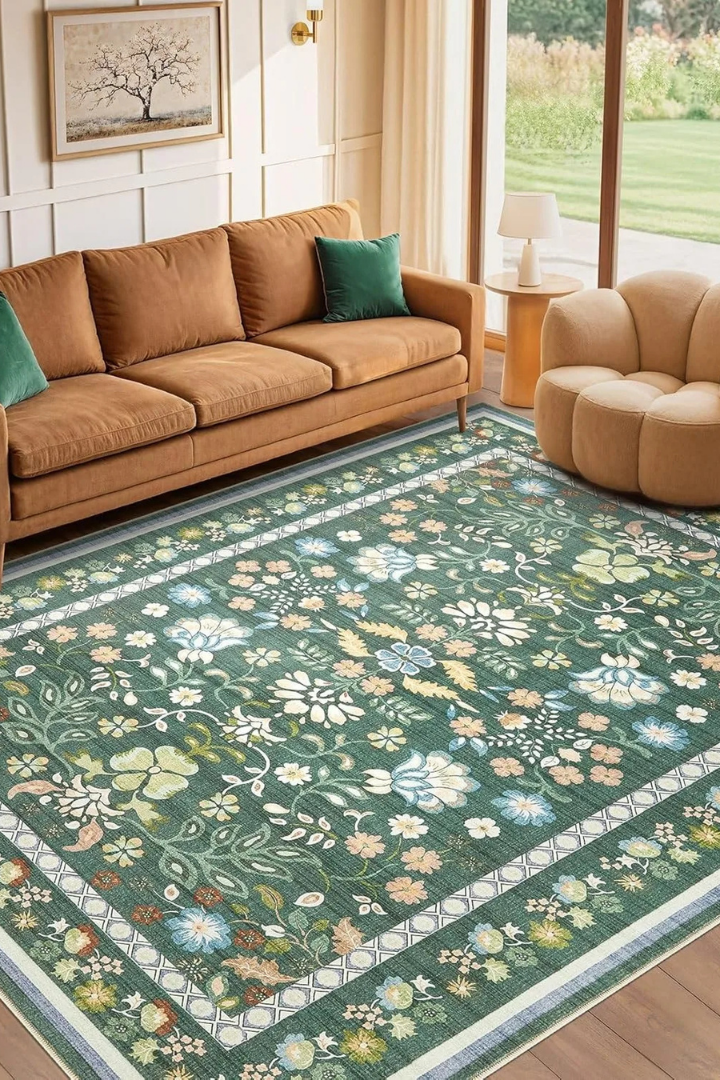 Tapis bohème vert à fleurs style vintage dans un salon avec un canapé vert assorti.