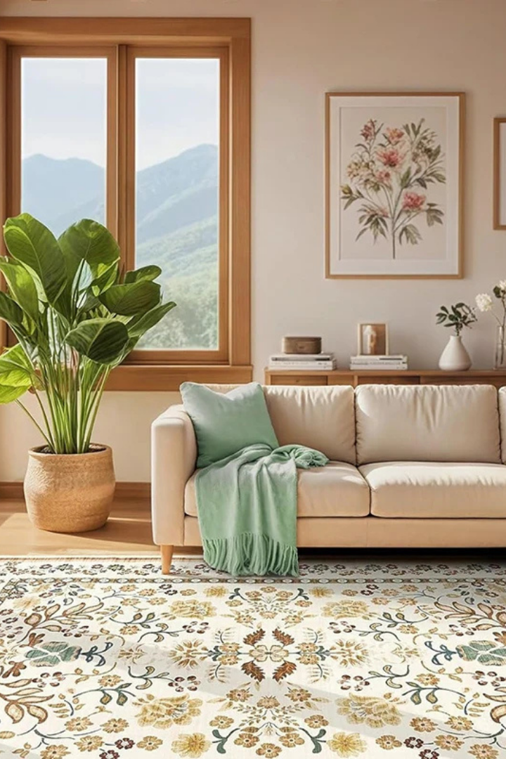 Ambiance chaleureuse avec le tapis bohème à fleurs "Soline" dans un salon avec un canapé terracotta.
