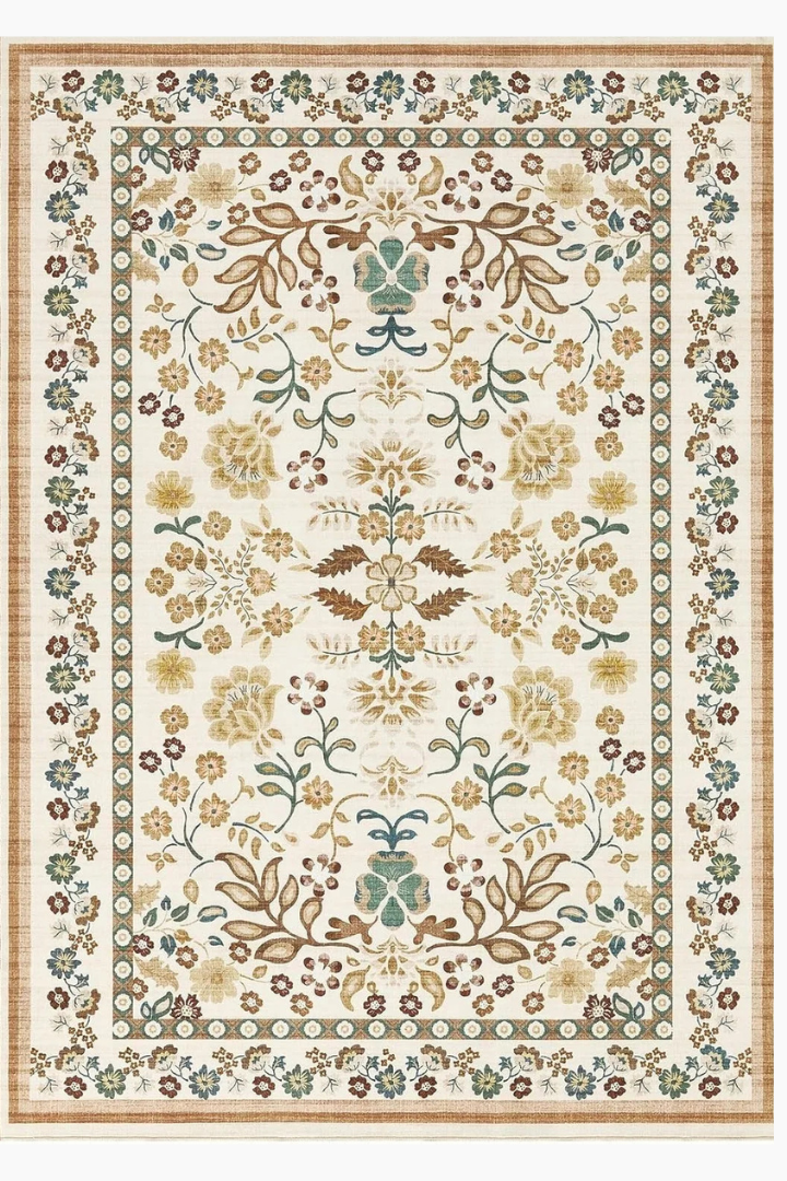 Tapis bohème à fleurs "Soline" en version Crème Rustique, style vintage.