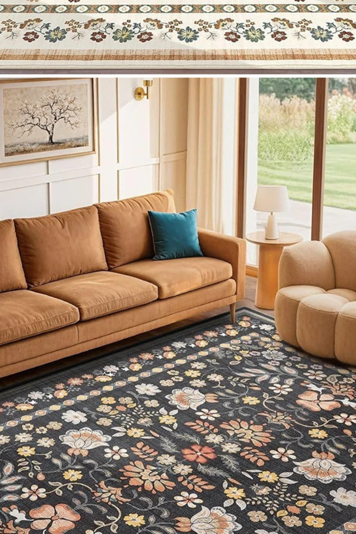 Tapis bohème à fleurs noires "Soline" dans un salon moderne avec un canapé marron.