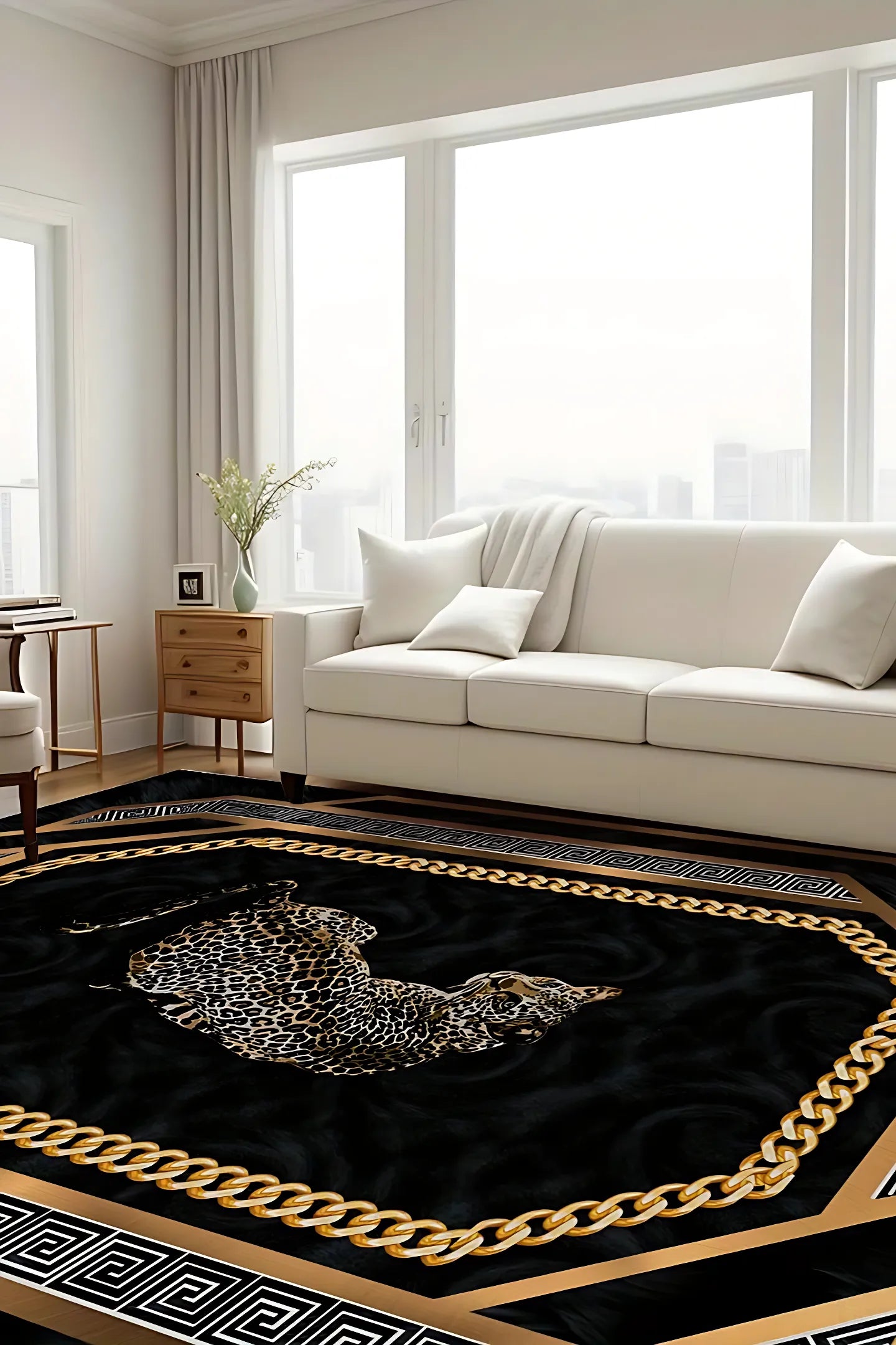 Ambiance bohème glamour avec le tapis "Cléopâtre" à motif léopard dans un salon lumineux
