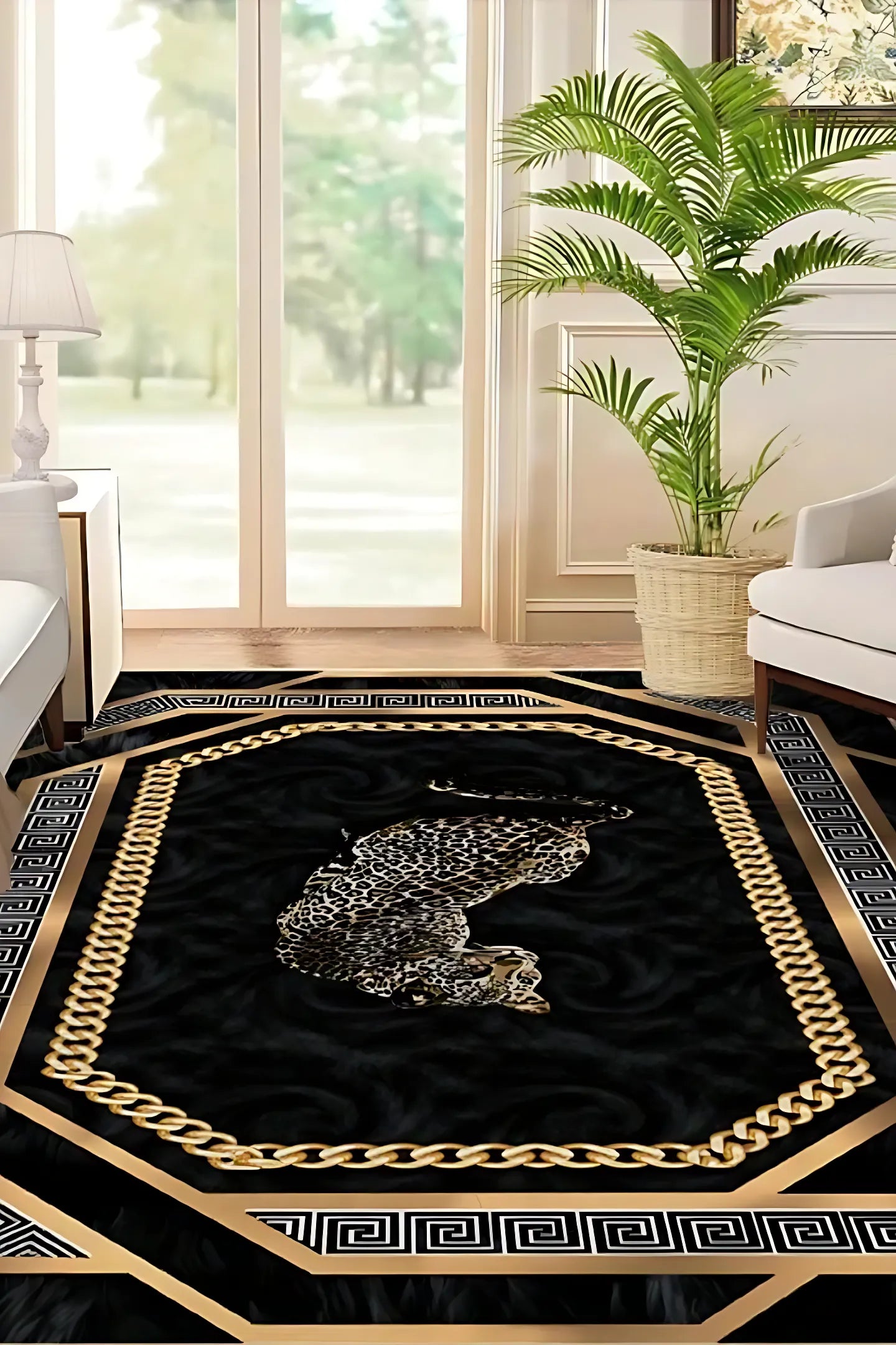 Tapis bohème léopard noir et or "Cléopâtre" avec bordures à chaînes dorées et motifs grecs