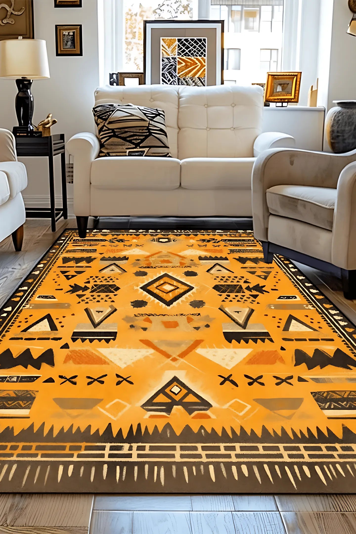 Tapis bohème jaune safran "Sierra" avec un design ethnique tribal et des bordures sombres.