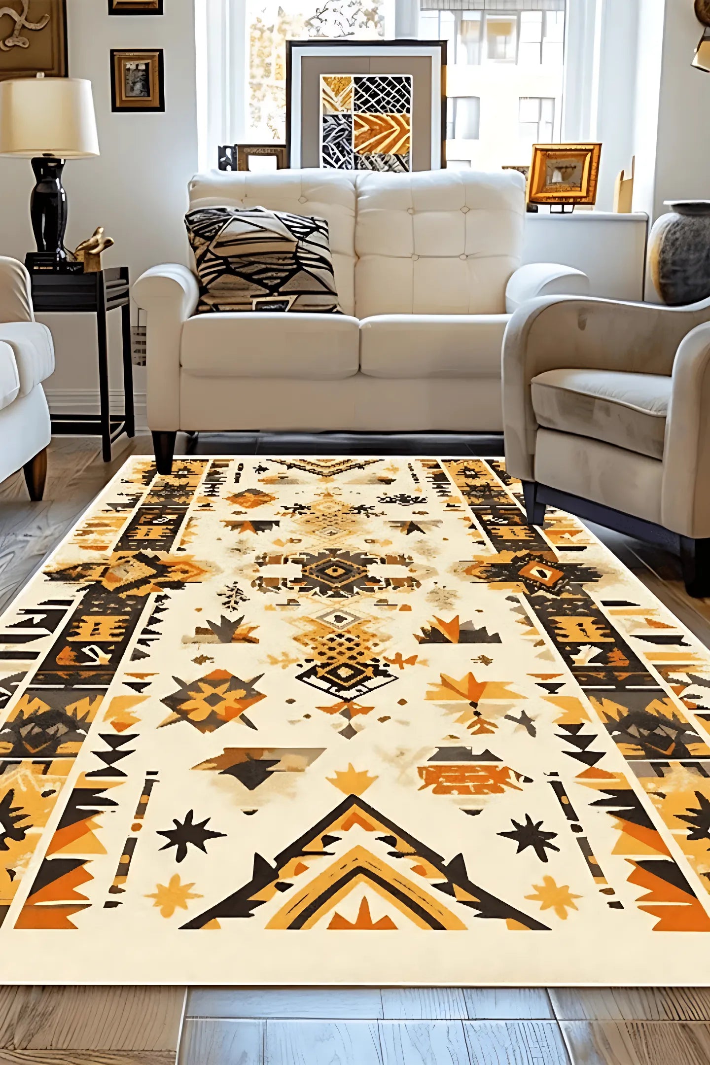 Tapis bohème kilim "Sierra" aux motifs géométriques orange et noirs sur fond beige.