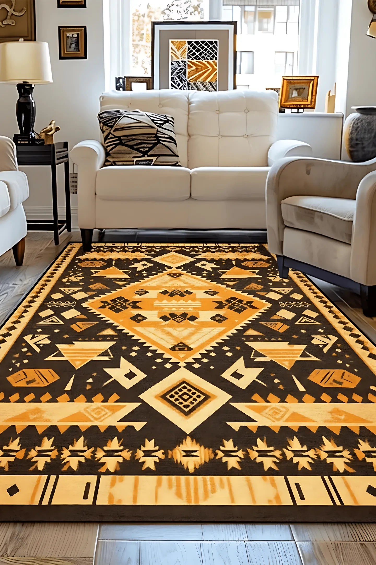 Tapis bohème jaune safran "Sierra" avec un design ethnique tribal.