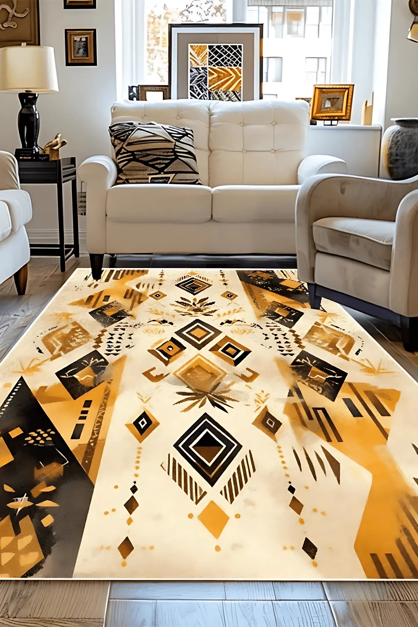 `Tapis de salon bohème style kilim "Sierra" avec des motifs losanges jaunes et crème