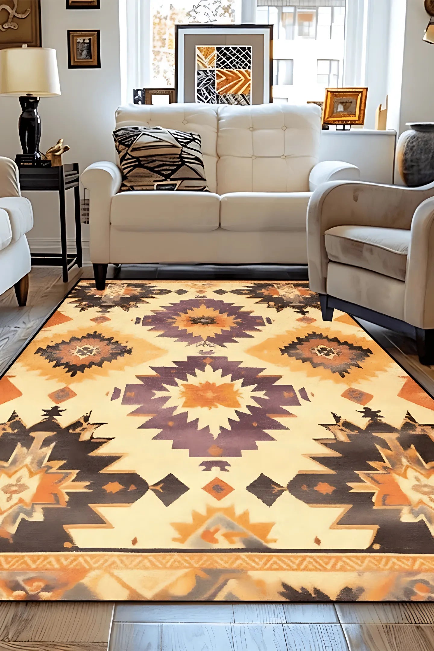 Tapis de salon bohème "Sierra" au style kilim avec des motifs géométriques marron et jaune.