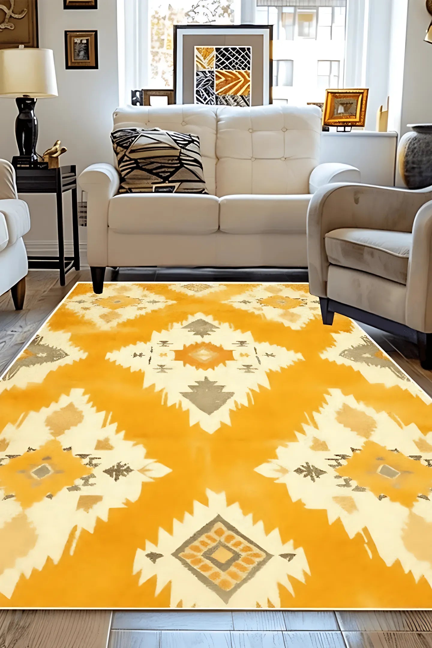 Tapis bohème "Sierra" au style ethnique avec un médaillon central violet et orange.