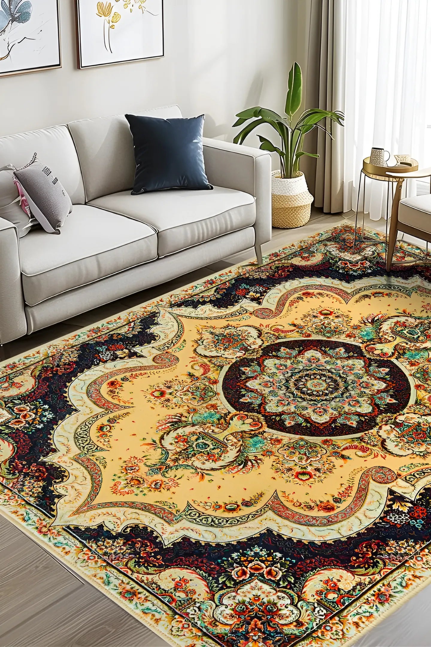 Tapis bohème d'inspiration orientale "Byzance" en version Or Antique, dans un salon élégant.