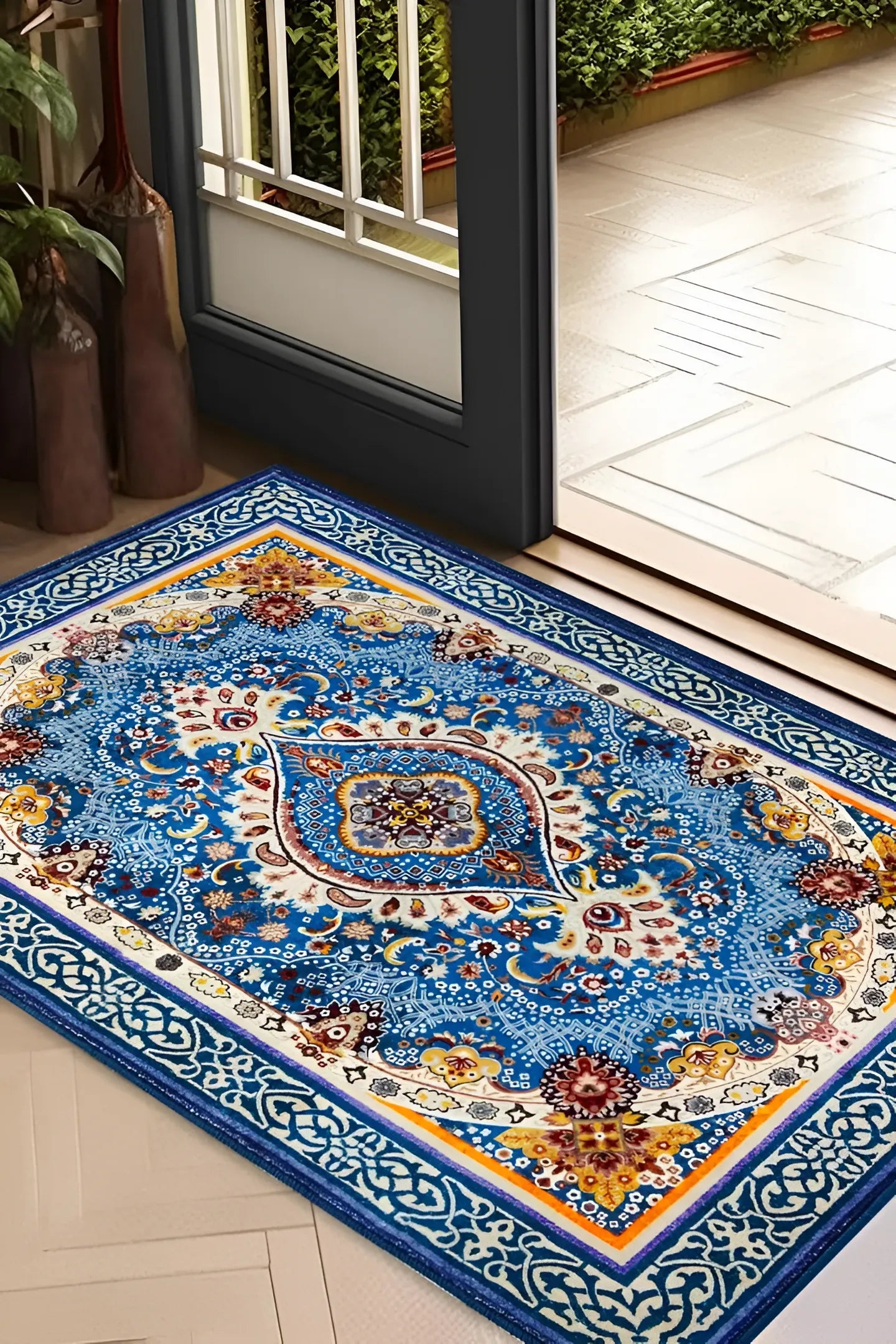 Grand tapis bohème Bleu Saphir au style persan, pièce maîtresse d'un salon moderne.