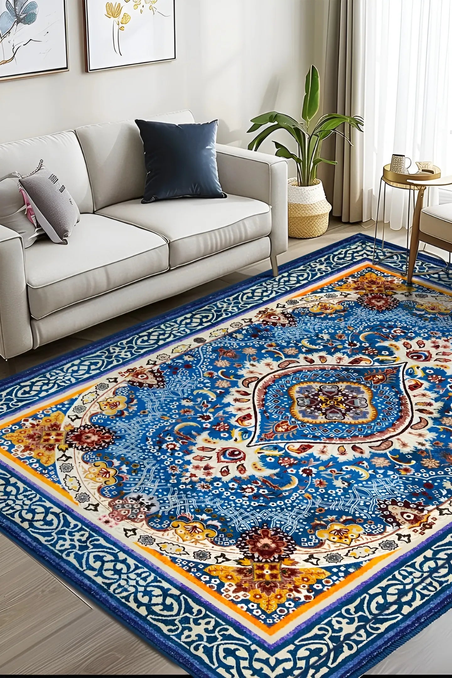 Vue de dessus du tapis bohème oriental coloré "Byzance" en Bleu Saphir.