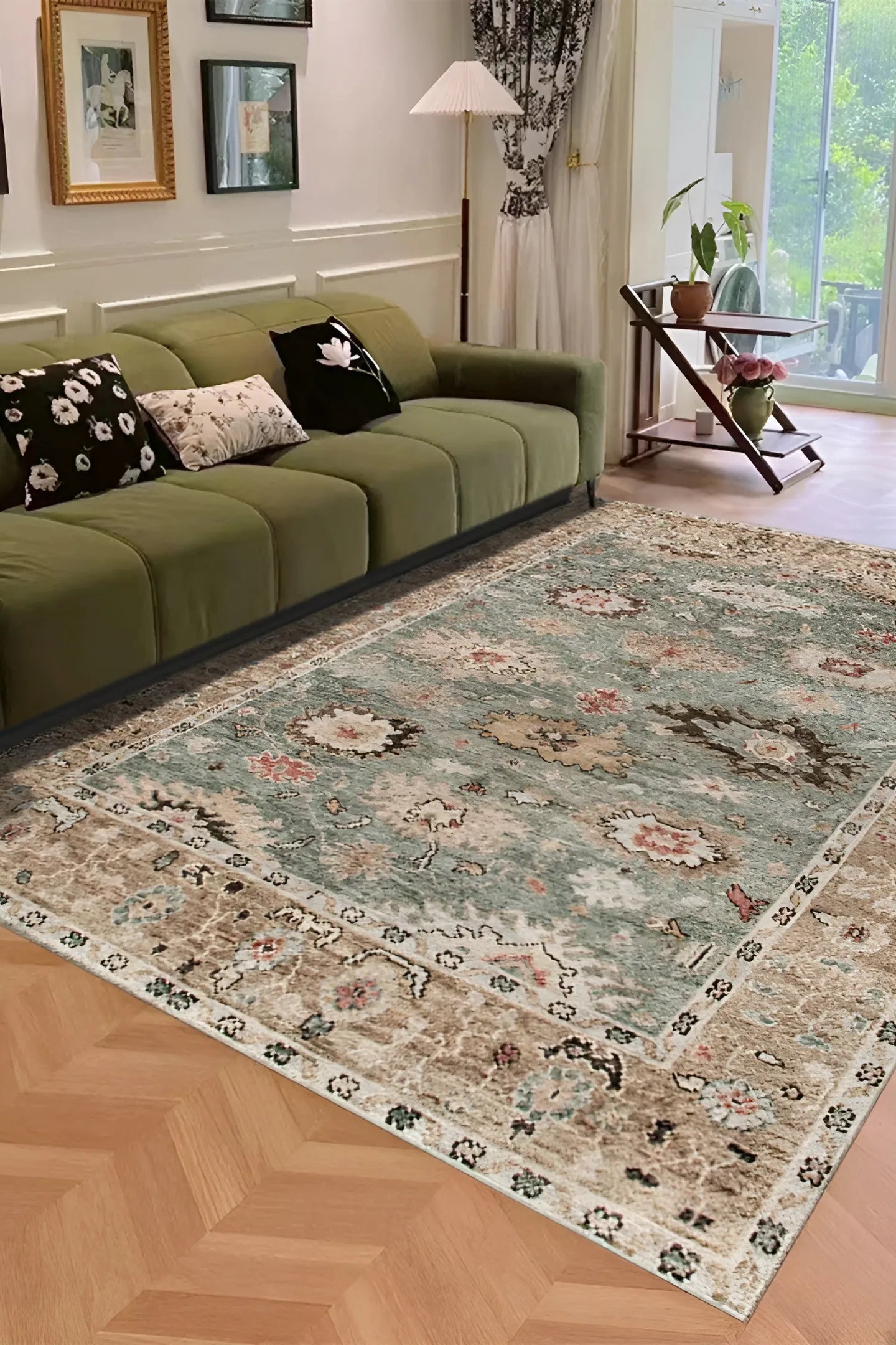 Tapis "Atelier" au style bohème vintage, avec un médaillon central Bleu Orage.