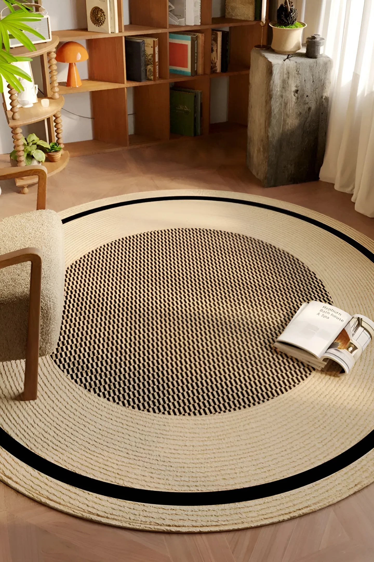 Tapis rond bohème "Luna" en style Jonc Noir, dans un salon naturel et chaleureux