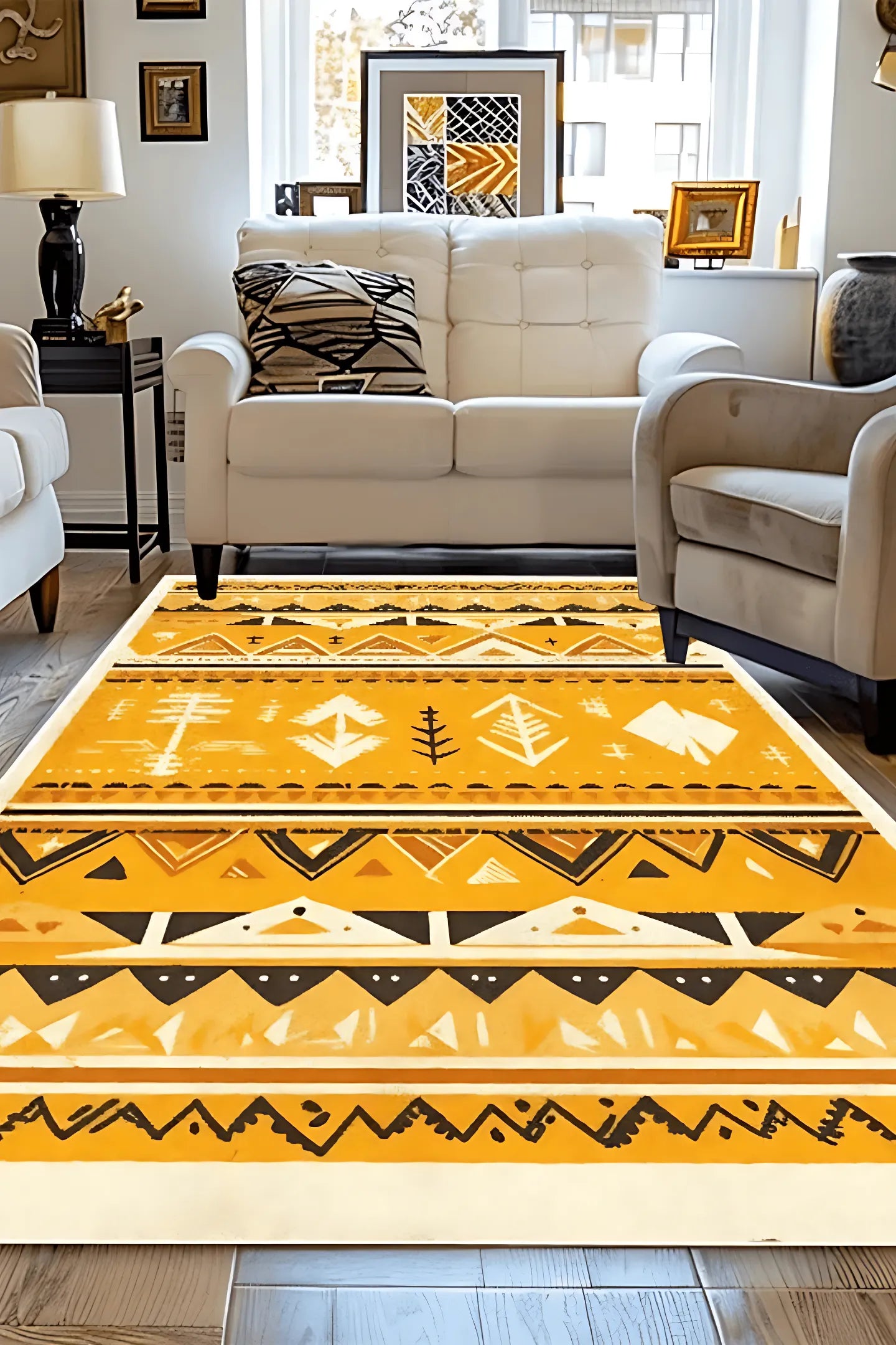 Tapis bohème kilim "Sierra" avec des motifs géométriques noirs et jaunes sur fond crème.